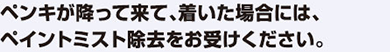 ペンキが降って来て、着いた場合には、ペイントミスト除去をお受けください。